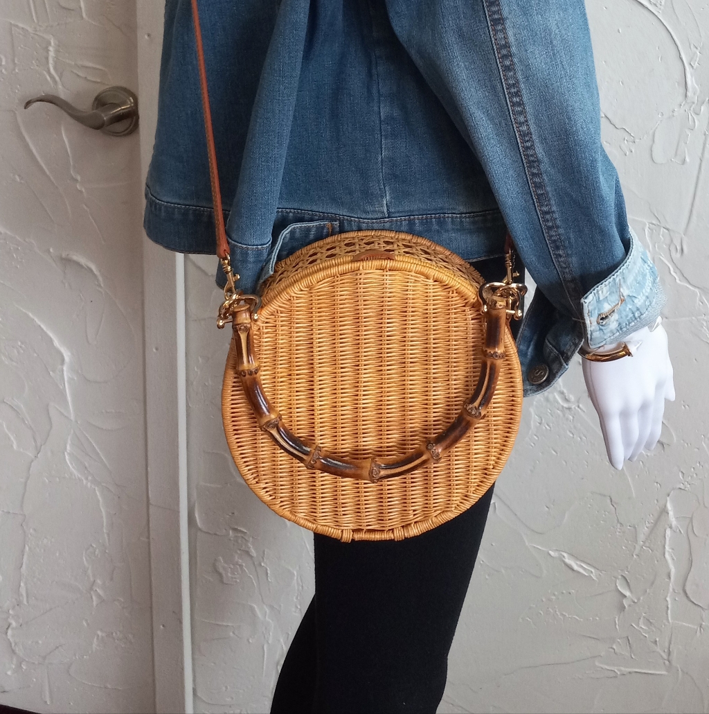 Serpui Marie, Destiny, Wicker Circle Cross Body Bag Size 8x8x2.5 In
